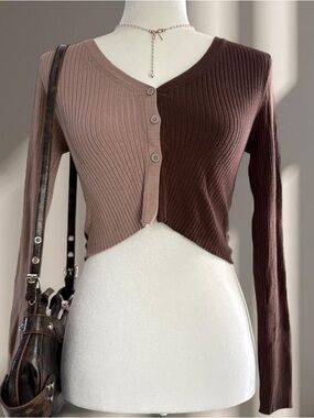 Two-Tone Ribbed Button-Up Cardigan - Brown & Mauve